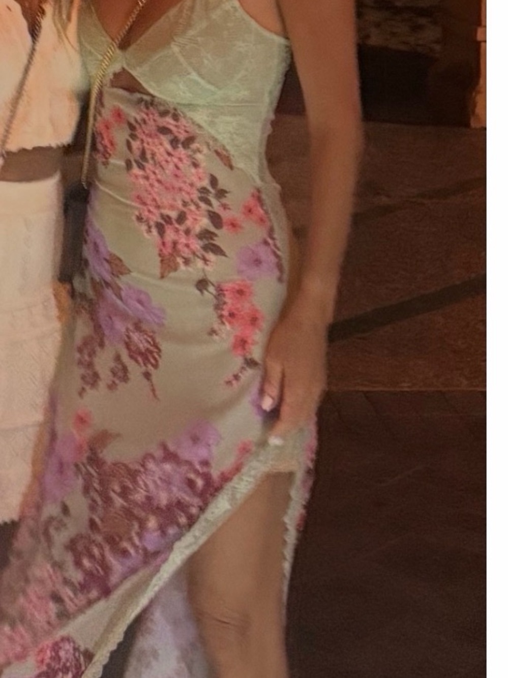 Free People Sage Floral Lace Slip Maxi with Pink & Purple Blooms